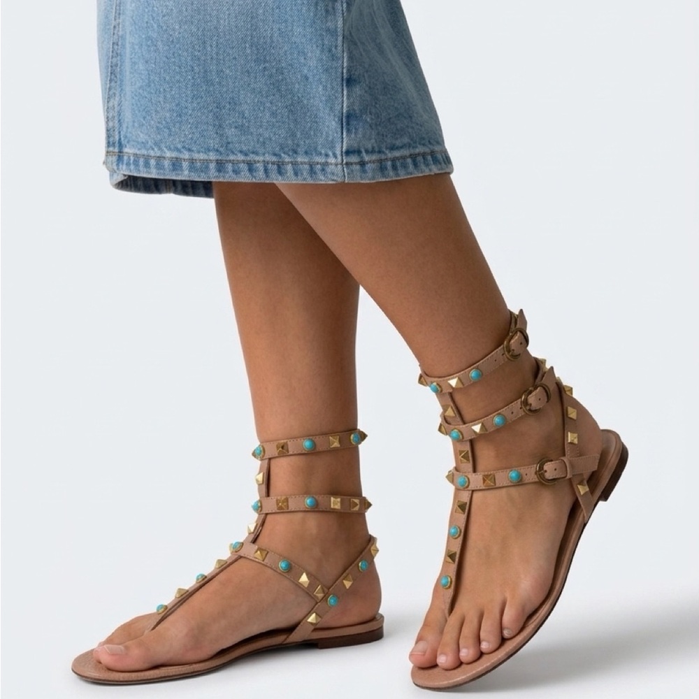 Valentino Tan Gladiator Sandals with Turquoise Studs
